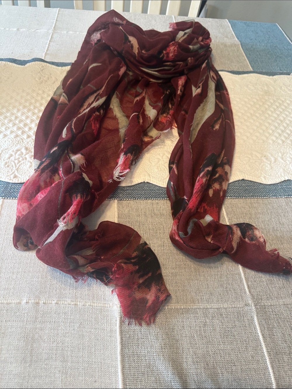 Lightweight Burgundy Floral Print Scarf - Unbranded